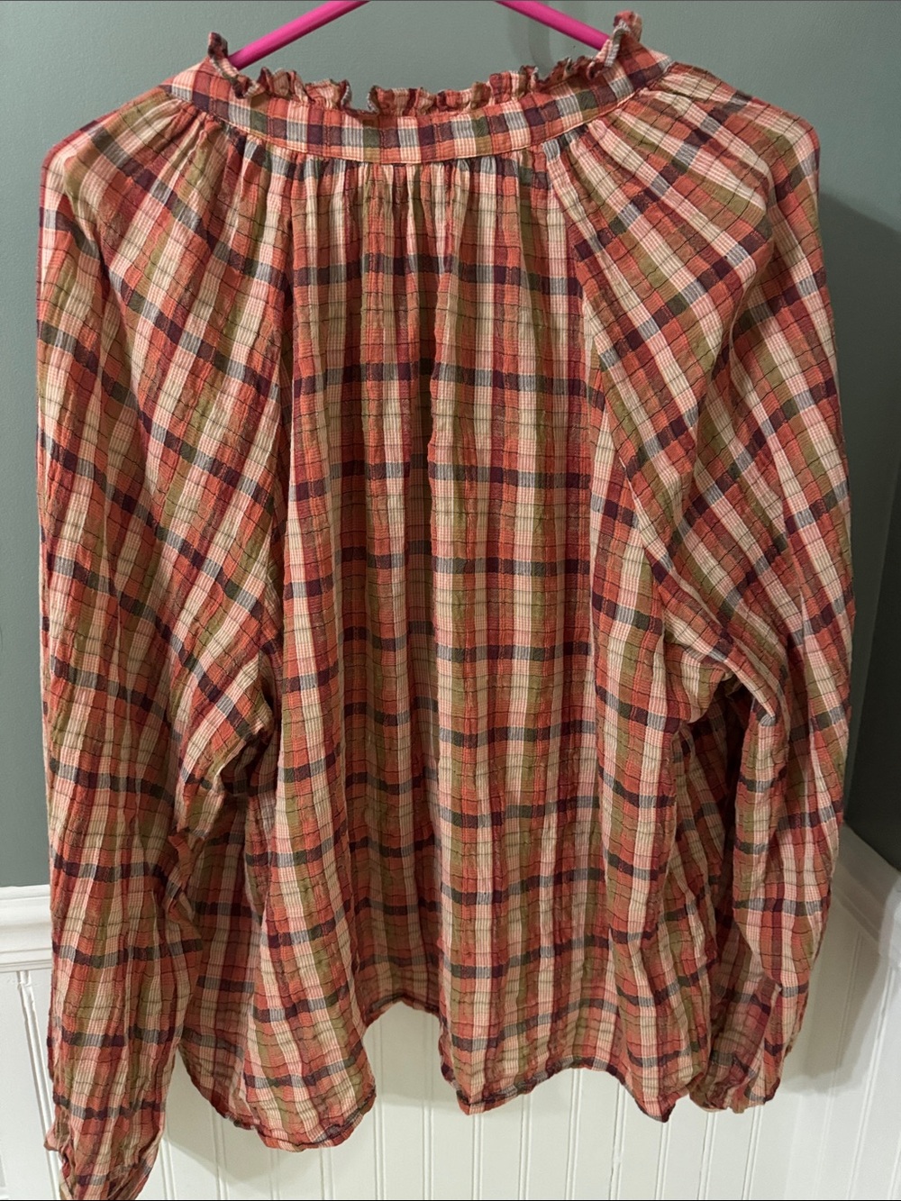 Faherty Analiese Top Relaxed Plaid Peasant Top - Rust/Beige XL - Picture 7 of 9